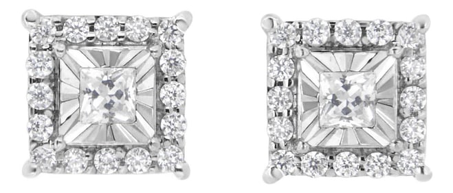 .925 Sterling Silver 1/4 Cttw Princess and Round Cut Diamond Halo Stud Earrings