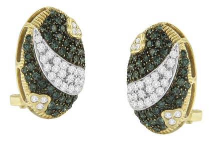 Black and White Rhodium over 14K Yellow Gold 2-1/10 Cttw White and Blue Diamond Oval Omega Back Stud