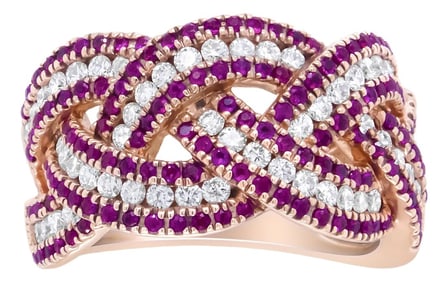 18K Rose Gold Red Ruby and 7/8 Cttw Diamond Woven Braided Band Ring (F-G Color, VS1-VS2 Clarity) - R
