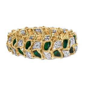 18K Yellow Gold 3 1/4 Cttw Diamond and Green Enamel Gold Textured Bracelet (G-H Color, VS1-VS2 Clari