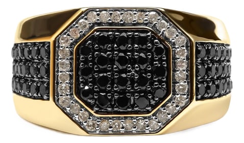 Men's 14K Yellow Gold Plated .925 Sterling Silver 1 1/4 Cttw White and Black Diamond Signet Style Ba
