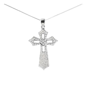 .925 Sterling Silver 1.00 Cttw Diamond Fleur De Lis Cross 18" Pendant Necklace (H-I Color, I2-I3 Cla