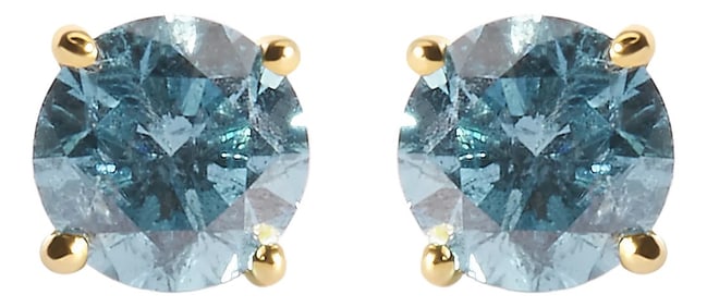 14K Yellow Gold 1.0 Cttw Treated Aqua Blue Diamond Classic Solitaire Stud Earrings
