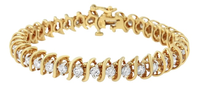 AGS Certified 18K Yellow Gold 5.00 Cttw "S" Link Wrapped 2-Prong Set Round Brilliant Diamond Tennis 