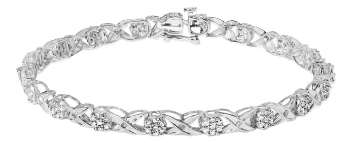 10K White Gold 1.00 Cttw Diamond Floral Cluster and X-Link 7.25" Bracelet (I-J Color, I1-I2 Clarity)
