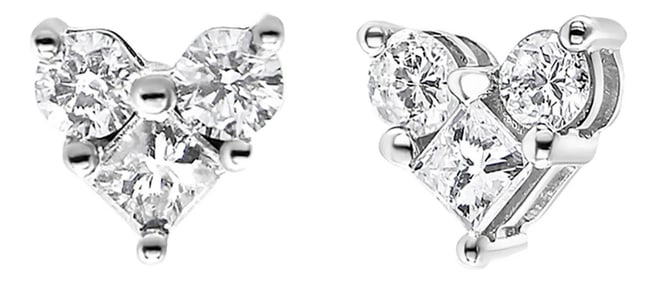 10K White Gold 1/2 Cttw Diamond 3 Stone Trio Heart Stud Earring