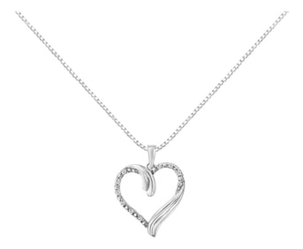 .925 Sterling Silver 1/10 Cttw Prong-Set Round Cut Diamond Open Heart 18" Pendent Necklace