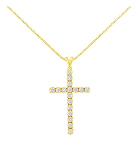 10k Yellow Gold Plated .925 Sterling Silver 2.0 cttw Classic Prong Set Round-Cut Diamond Cross 18" P