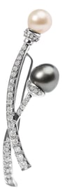 18K White Gold 3/5 Cttw Diamond and Cultured South Sea Black and White Pearl Brooch Pin (H-I Color, 