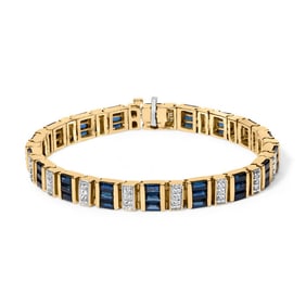 14ct Yellow Gold 2/5 Cttw Diamond & 8.0 Cttw Baguette Cut Blue Sapphire Alternating Link Bracelet (G