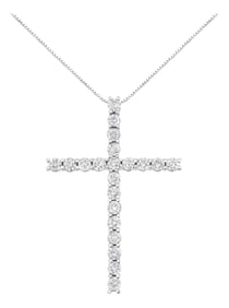 .925 Sterling Silver 4.0 Cttw Diamond 2-1/4" Cross Pendant with Box Chain Necklace - 18"