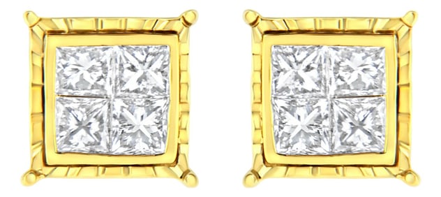 14K Yellow Gold 1.0 Cttw Invisible Set Princess-Cut Diamond Composite 8 Stone Stud Earrings