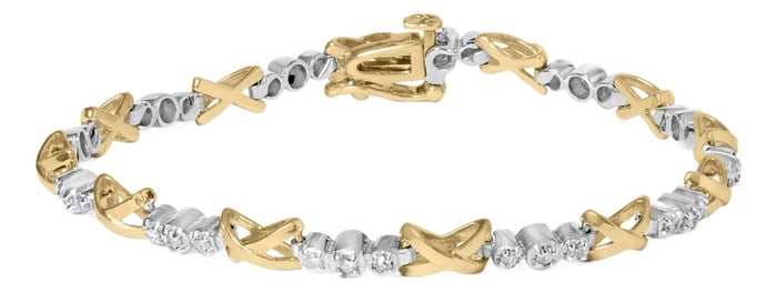 10K Two-Tone Gold 1/2 Cttw Diamond Alternating 3 Stone and X-Link 7" Bracelet (I-J Color, I2-I3 Clar