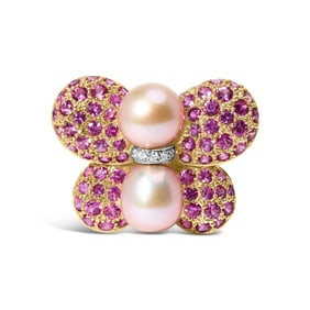 18K Yellow and White Gold 9MM South Sea Pearl and Pink Sapphire Butterfly Pin Brooch with Diamond Ac