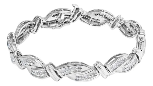 14K White Gold 4.0 Cttw Invisble Set Princess-Cut Diamond Wave Style Link Bracelet - 7"
