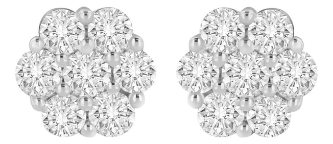 14K White Gold 3 cttw Prong Set Round-Cut Diamond Floral Cluster Stud Earring