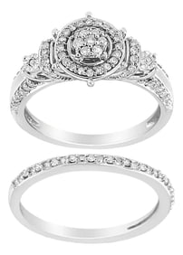 .925 Sterling Silver 1/3 Cttw Diamond 7 Stone Cluster and Halo Engagement Ring and Wedding Band Set 