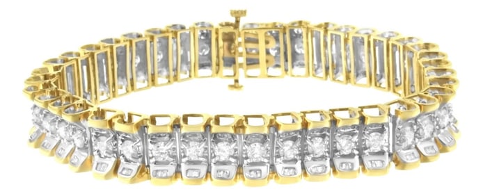 14K Yellow and White Gold 5.0 Cttw Round & Baguette Cut Diamond 7" Reflective Tennis Bracelet