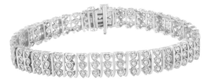 .925 Sterling Silver 1 1/2 cttw Round Diamond 3 Row Heart Link Bracelet - 7.25 "