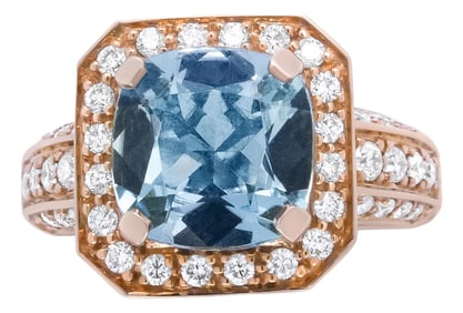 18K Rose Gold 10x10mm Cushion Shaped Aquamarine and 1 1/8 Cttw Round Diamond Halo Ring (F-G Color, V
