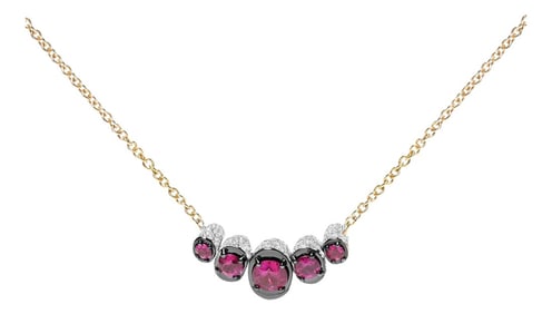18K Rose Gold 3/4 Cttw Pave Diamonds and Graduated Red Ruby Gemstone Curved Bar Choker Necklace - Ad