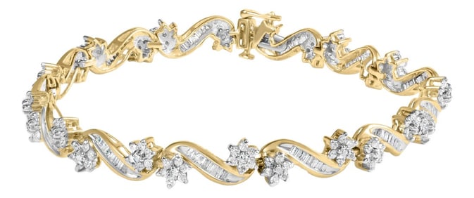 10k Yellow Gold 3.00 Cttw Round-Cut and Baguette-Cut Floral Link 7.25" Bracelet (I-J Color, I1-I2 Cl