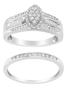 .925 Sterling Silver 1/2 Cttw Round and Baguette-Cut Diamond Engagement Bridal Set - Size 9
