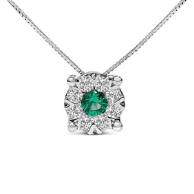 14K White Gold 3.8 MM Green Emerald and 1/3 Cttw Diamond Composite Halo 18" Pendant Necklace (F-G Co