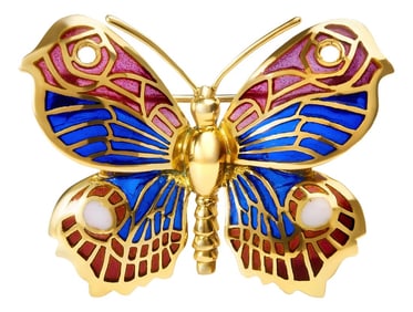 18K Yellow Gold Red, Blue, and White Enameled Butterfly Brooch Pin
