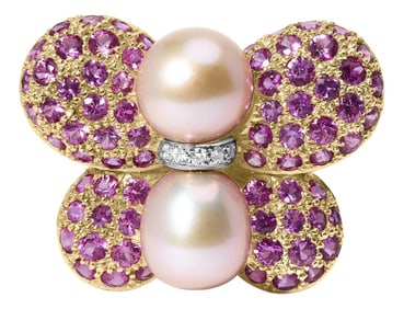 Haus of Brilliance 18K Yellow & White Gold 9MM South Sea Pearl & Pink Sapphire Butterfly Pin Brooch 