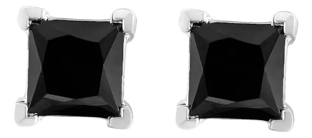 .925 Sterling Silver 3.00 Cttw Princess-Cut Square Black Diamond Classic 4-Prong Stud Earrings with 