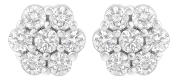14K White Gold 3/4 Cttw 7 Stone Floral Cluster Round Brilliant Cut Diamond Stud Earrings with Screw 