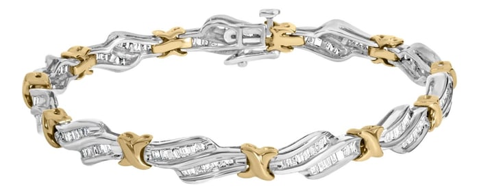 10k Two-Toned Gold 2.00 Cttw Channel Set Baguette-Diamond Weave and "X" Spiral Link Bracelet (H-I Co