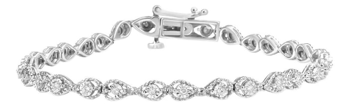 .925 Sterling Silver 1/4 Cttw Diamond Beaded Marquise Shape Link Bracelet - Size 7.25" Inches