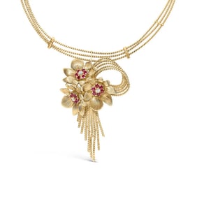 18K Yellow Gold Diamond and Red Ruby Floral Cascade Statement Necklace with 16" Inch Bead Chain (F-G