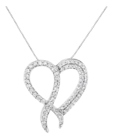 .925 Sterling Silver 1 cttw Diamond Heart and Ribbon 18" Pendant Necklace - 18"