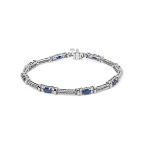 14K White Gold 1/2 Cttw Diamond & Oval Blue Sapphire Braided Link Bracelet (G-H Color, VS1-VS2 Clari