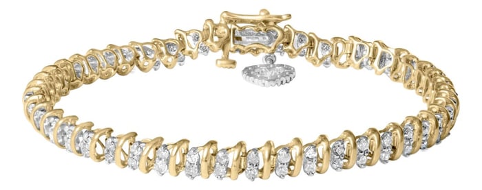 10K Yellow Gold 2.0 Cttw Diamond 2 Row Link and Heart Charm 7" Link Bracelet (I-J Color, I3 Clarity)