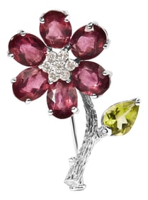 18K White Gold 1/3 Cttw Diamond, Pink Tourmaline, and Green Peridot Flower and Leaf Tulip Brooch Pin
