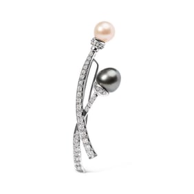 Hause of Brilliance 18K White Gold 3/5 Cttw Diamond and Cultured South Sea Black and White Pearl Bro