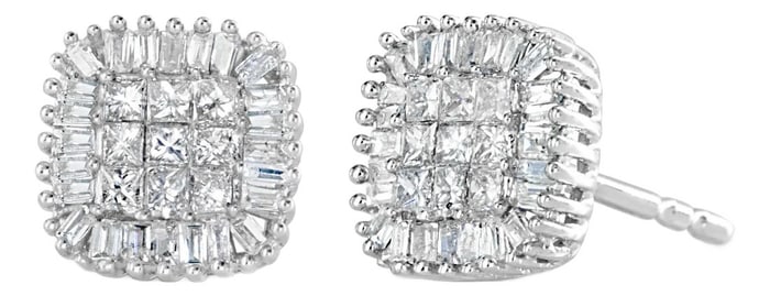 10K White Gold 1/2 Cttw Invisible-Set Princess Cut & Prong-Set Baguette Diamond Composite Stud Earri