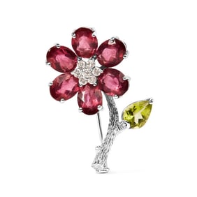 Hause of Brilliance 18K White Gold 1/3 Cttw Diamond, Pink Tourmaline, and Green Peridot Flower and L