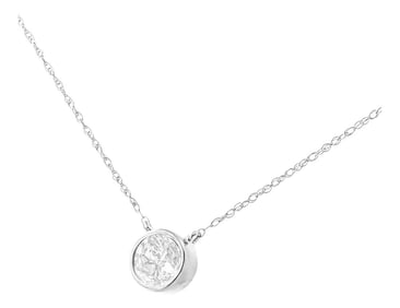 AGS Certified 10K White Gold 1/3 Cttw Bezel Set Round Diamond Solitaire 16-18" Adjustable Pendant Ne