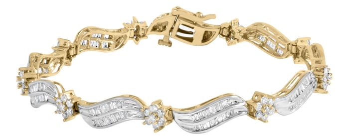 10K Yellow and White Gold 3.00 Cttw Diamond Cluster and Wave Link Bracelet (I-J Color, I1-I2 Clarity