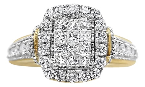 14K Yellow and White Gold 1.00 Cttw Princess and Round Cut Emerald Shaped Halo Diamond Cluster Ring 
