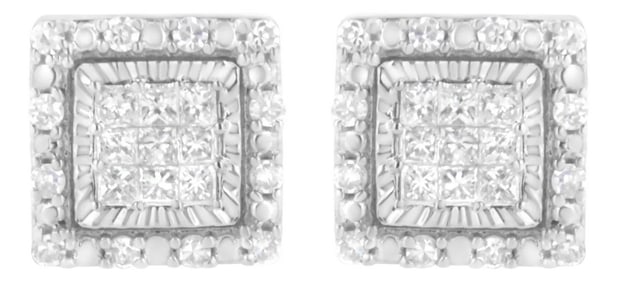 10K White Gold 1/2 cttw Invisible Set Princess-Cut Diamond Square Stud Earring