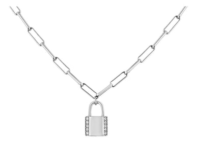 .925 Sterling Silver 1/10 Cttw Round Diamond Lock Pendant 18" Paperclip Chin Necklace (H-I Color, SI