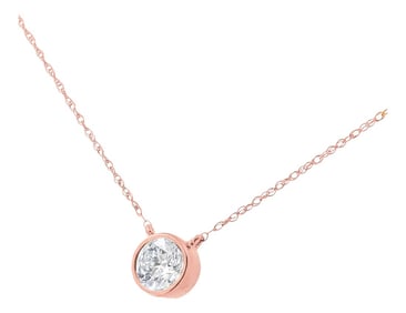 AGS Certified 10K Rose Gold 1/5 Cttw Bezel Set Round Diamond Solitaire 16-18" Adjustable Pendant Nec