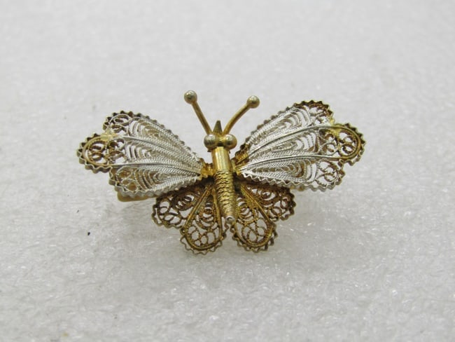Vintage .800 Silver Vermeil Butterly Brooch, Two-Tone, 1.5": Vintage .800 Silver Vermeil Butterly Brooch, Two-Tone, 1.5" wide and 1" tall, front wings sit higher than back wings and are silver tone and gold tone and the back wings and torso or gold tone. This c