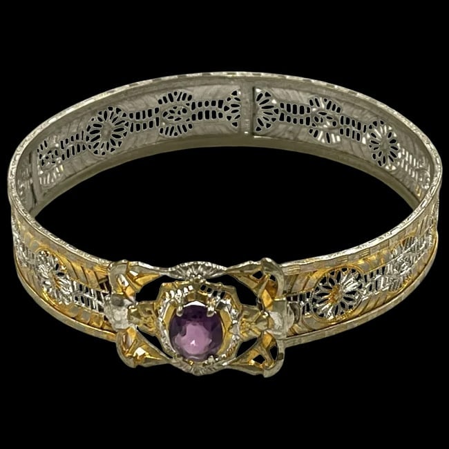 Estate Art Deco J.J. White Filigree Sterling Silver/ Gold Wash Amethyst Bangle Bracelet (1 of 10)